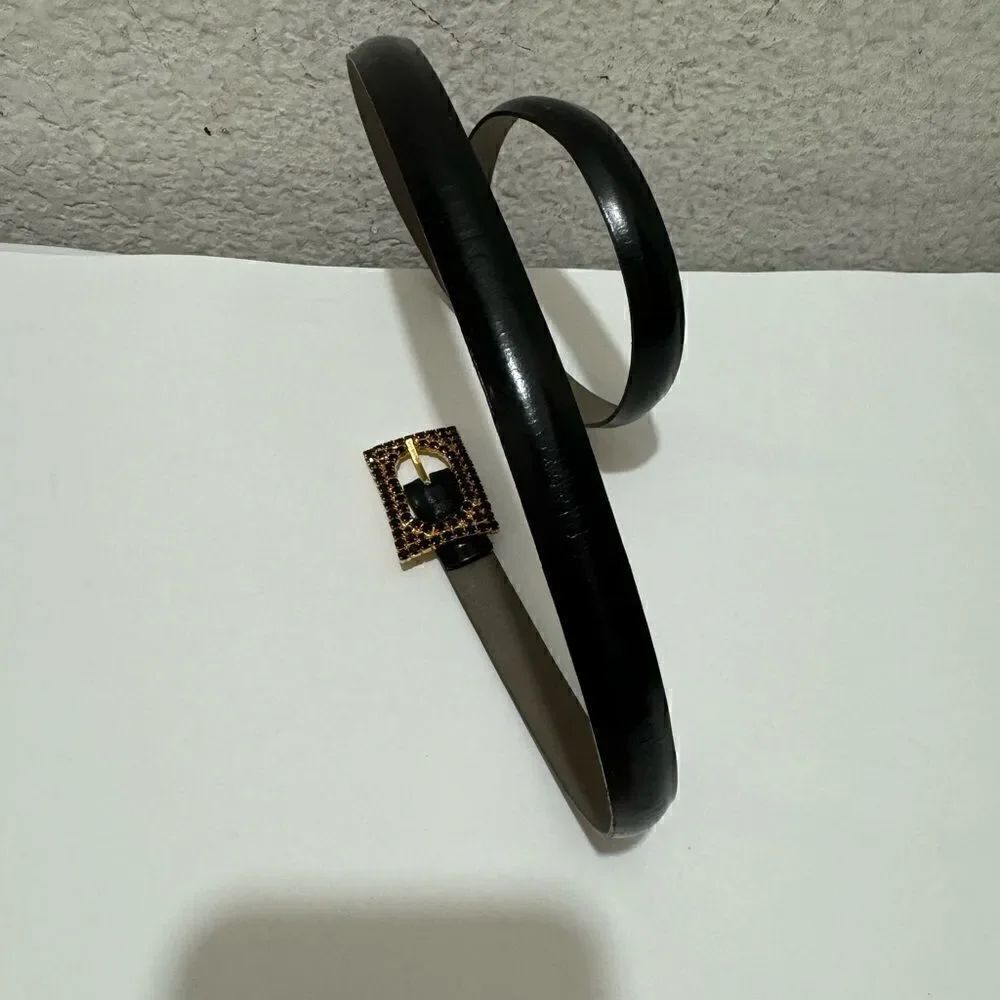 Jaeger dark brown skinny leather belt embellished buckle Italy made